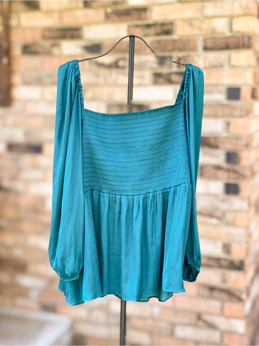 Dolan Left Coast Collection 2X Teal Smocked Babydoll Puff Sleeve Blouse